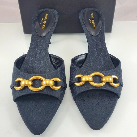 NEW$1050 Saint Laurent YSL Logo Gippy Chain Kitten-Heel Slide Sandal Mules Sz 37 - Picture 1 of 17